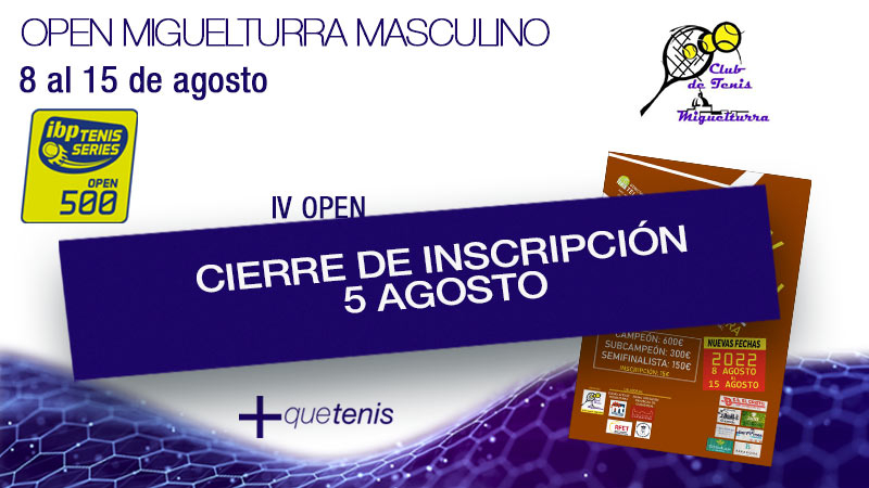El 5 de Agosto a las 20:00h se cierran inscripciones para el Open Miguelturra Masculino